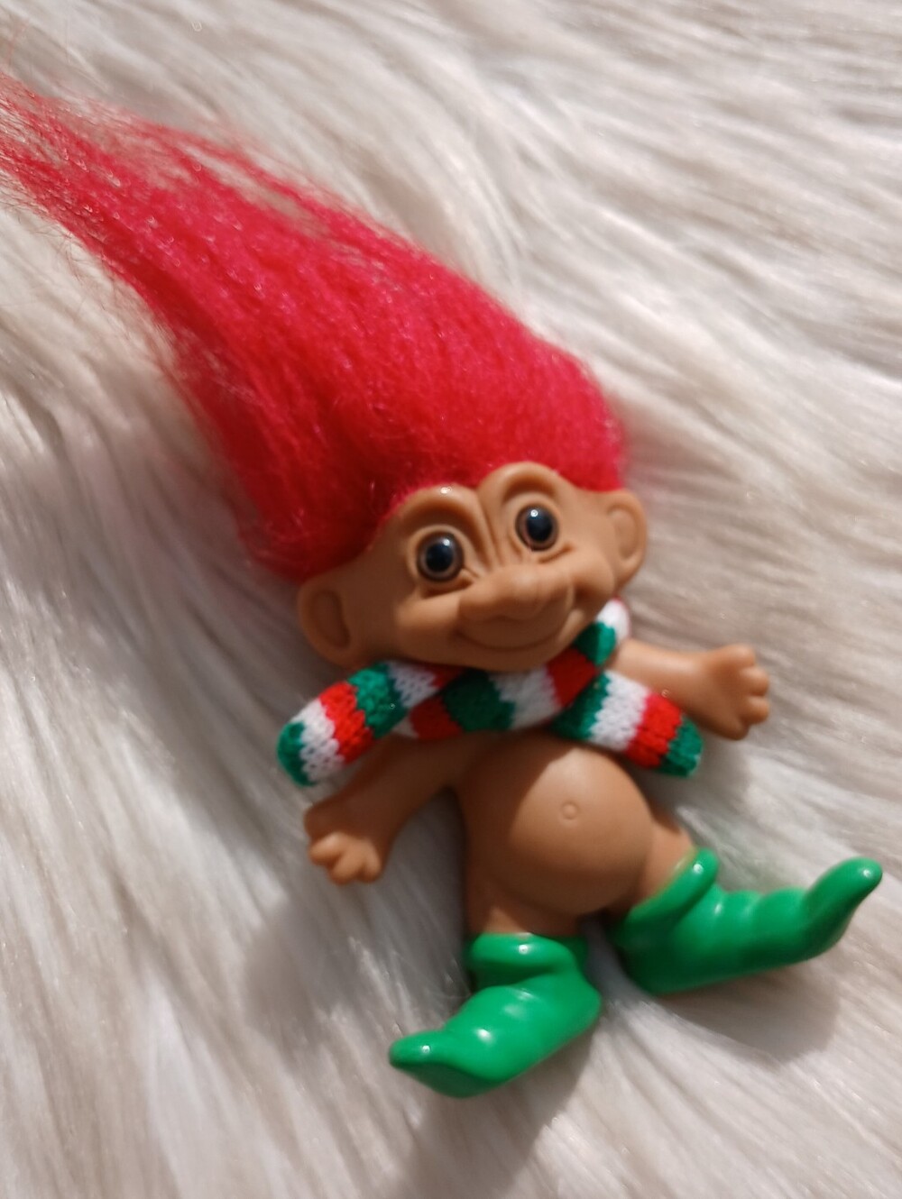 Vintage Troll Doll Red Hair Green Boots Christmas Scarf 90s 1990s Toy Figure